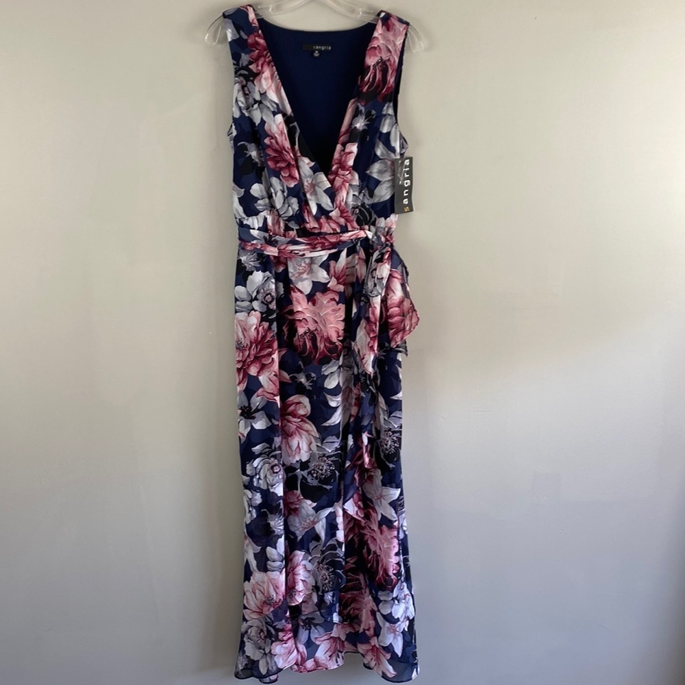 NWT Sangria Navy‎ Blue And Pink Floral Ruffle Maxi Dress Size 10